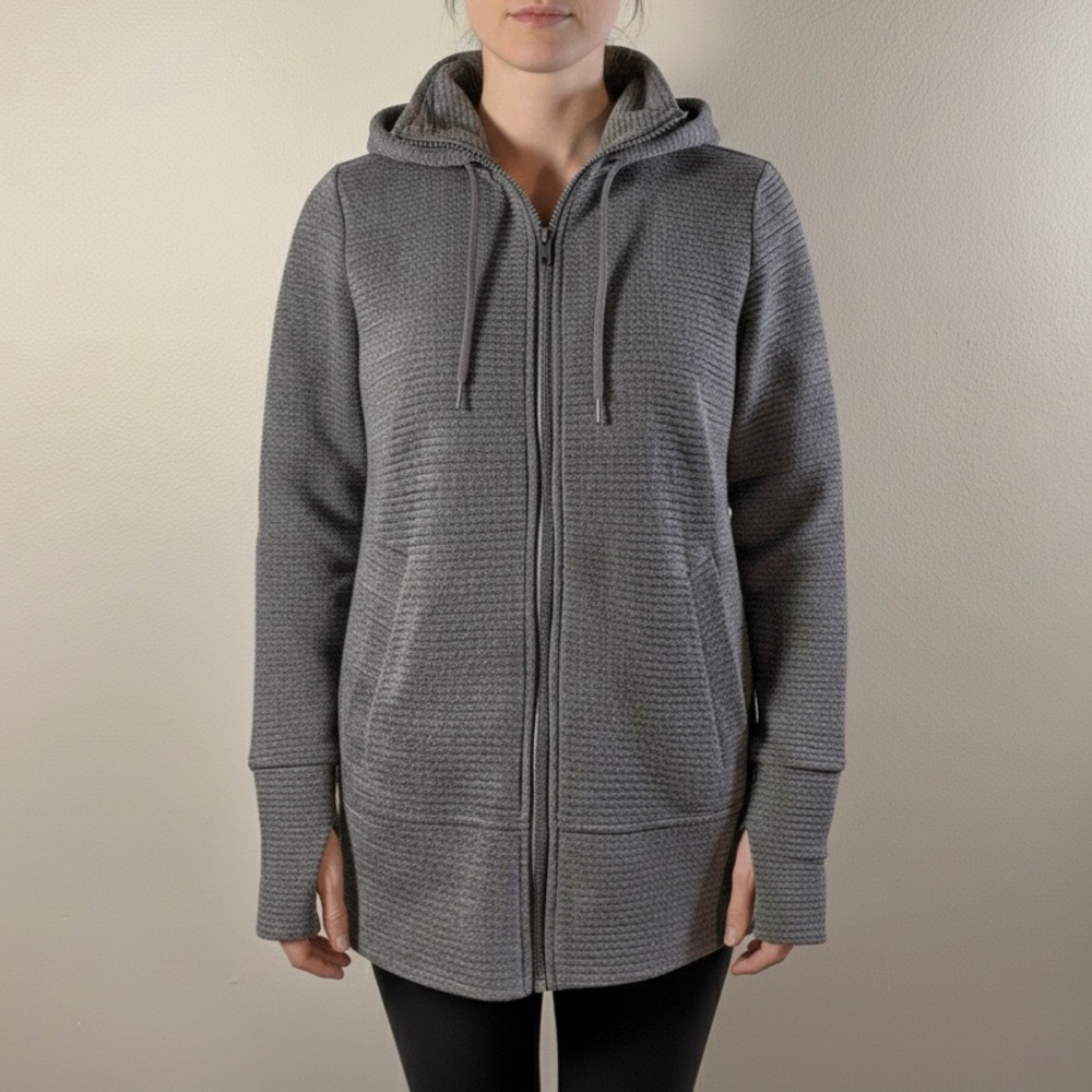 90 Degree by Reflex Gray Textured Funnel Neck Full-Zip Hoodie Thumbholes M EUC
